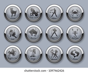 Horoscope set: Leo, Virgo, Scorpio, Libra, Aquarius, Sagitarius, Pisces, Capricorn, Taurus, Aries, Gemini, Cancer.Set of horoscope symbols, astrology icons collection.