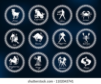 Horoscope set: Leo, Virgo, Scorpio, Libra, Aquarius, Sagitarius, Pisces, Capricorn, Taurus, Aries, Gemini, Cancer.Set of horoscope symbols, astrology icons collection.