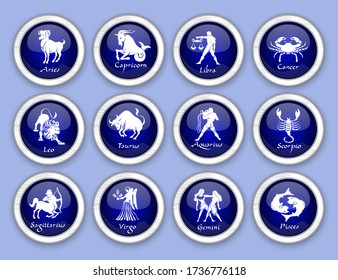 Horoscope set: Leo, Virgo, Scorpio, Libra, Aquarius, Sagitarius, Pisces, Capricorn, Taurus, Aries, Gemini, Cancer.Set of horoscope symbols, astrology icons collection.
