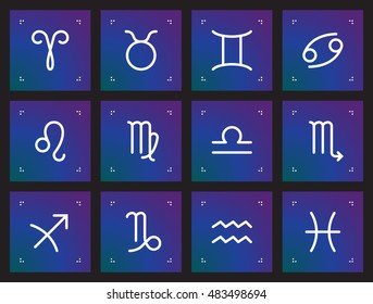 Horoscope set: Leo, Virgo, Scorpio, Libra, Aquarius, Sagitarius, Pisces, Capricorn, Taurus, Aries, Gemini, Cancer. Zodiac vector signs, astrology line icons, linear logo Illustration.