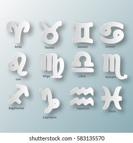Horoscope set: Leo, Virgo, Scorpio, Libra, Aquarius, Sagitarius, Pisces, Capricorn, Taurus, Aries, Gemini, Cancer.Set of horoscope symbols, astrology icons collection.