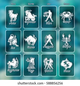 Horoscope set: Leo, Virgo, Scorpio, Libra, Aquarius, Sagitarius, Pisces, Capricorn, Taurus, Aries, Gemini, Cancer.Set of horoscope symbols, astrology icons collection.