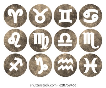 Horoscope set: Leo, Virgo, Scorpio, Libra, Aquarius, Sagitarius, Pisces, Capricorn, Taurus, Aries, Gemini, Cancer.Set of horoscope symbols, astrology icons collection.Grunge,sepia design.