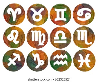 Horoscope set: Leo, Virgo, Scorpio, Libra, Aquarius, Sagitarius, Pisces, Capricorn, Taurus, Aries, Gemini, Cancer.Set of horoscope symbols, astrology icons collection.