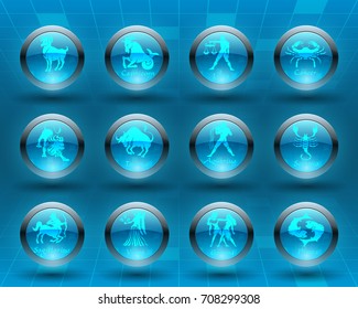 Horoscope set: Leo, Virgo, Scorpio, Libra, Aquarius, Sagitarius, Pisces, Capricorn, Taurus, Aries, Gemini, Cancer.Set of horoscope symbols, astrology icons collection.