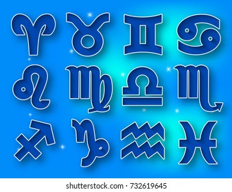 Horoscope set: Leo, Virgo, Scorpio, Libra, Aquarius, Sagitarius, Pisces, Capricorn, Taurus, Aries, Gemini, Cancer.Set of horoscope symbols, astrology icons collection.