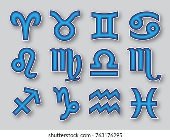 Horoscope set: Leo, Virgo, Scorpio, Libra, Aquarius, Sagitarius, Pisces, Capricorn, Taurus, Aries, Gemini, Cancer.Set of horoscope symbols, astrology icons collection
