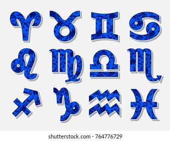 Horoscope set: Leo, Virgo, Scorpio, Libra, Aquarius, Sagitarius, Pisces, Capricorn, Taurus, Aries, Gemini, Cancer.Set of horoscope symbols, astrology icons collection
