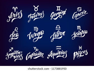 Horoscope set Lettering Calligraphy Vector Brush Text illustration astrology