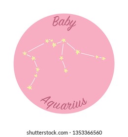 Horoscope sign of Aquarius zodiac, with text for a baby. Star constellation on the night sky symbol.