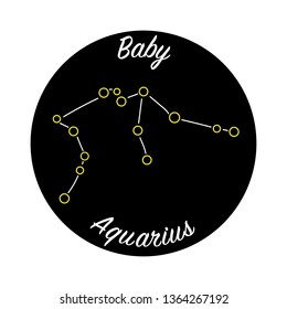 Horoscope sign of Aquarius zodiac, with text for baby decor. Star constellation on the night sky symbol.