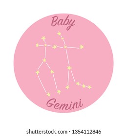 Horoscope sign of Gemini zodiac, with text for a baby. Star constellation on the night sky symbol.