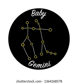 Horoscope sign of Gemini zodiac, with text for baby decor. Star constellation on the night sky symbol.