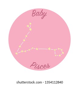 Horoscope sign of Pisces zodiac, with text for a baby. Star constellation on the night sky symbol.