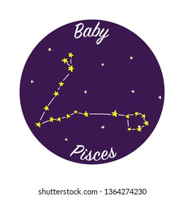 Horoscope sign of Pisces zodiac, with text for baby decor. Star constellation on the night sky symbol.