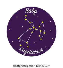 Horoscope sign of Sagittarius zodiac, with text for baby decor. Star constellation on the night sky symbol.