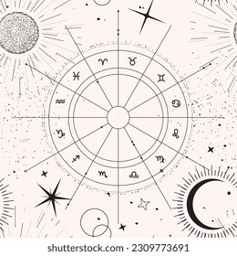 signo de horóscopo patrón sin fisuras, calendario lunar, fases lunares diseño del universo cósmico. Fondo de decoración de círculo, galaxia misteriosa, tarot, diseño abstracto del espacio celeste esotérico constelación estelar