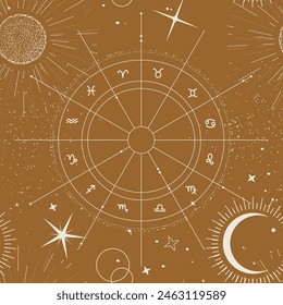 Sternenkarte Nahtloses Muster, Himmelskalender, Astrologie Konstellation, Mondphasen Kreis Kosmisches Universum Design. Weltraum Mysterium Galaxie , Esoterisches Tarot Design Braun Weiß