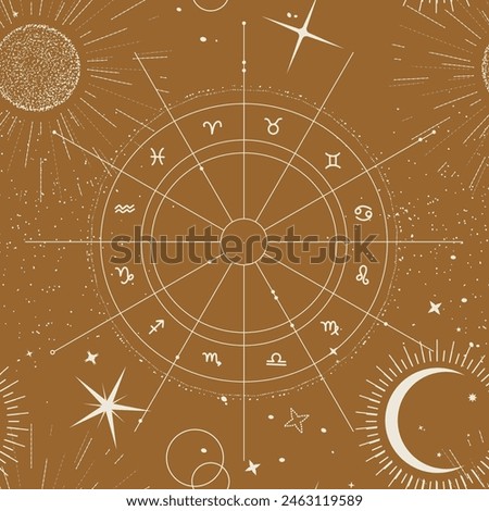 horoscope sign star map seamless pattern, celestial lunar calendar, astrology constellation , moon phases circle cosmic universe design. outer space mystery galaxy , esoteric tarot design  brown white