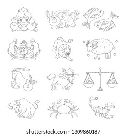 Horoscope sign vector outline illustration. Black contour perfect for coloring book or page. Set of twelve astrology icons.