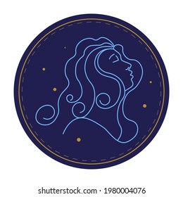 Horoscope sign of virgo, isolated astrological symbol of woman with long hair. Zodiac or constellation, minimalist depiction of contemporary decorative line arts sketch. Vector in flat style