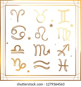 Horoscope signs collection vector illustration. Zodiac set in gold shiny color drawn by hand