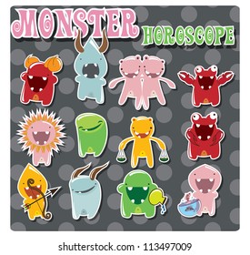 Horoscope signs with cute colorful monsters, vector