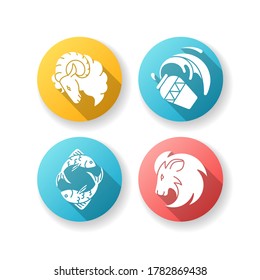 Horoscope signs flat design long shadow glyph icons set. Ram, water bearer, lion and fish zodiac. Astrological prediction, esoteric fortune telling. Silhouette RGB color illustration