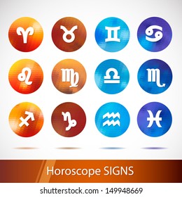 Horoscope signs - symbols. White sign with a bright circular background