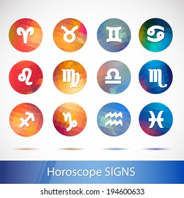 Horoscope signs - symbols. White sign with a bright circular triangle geometric background