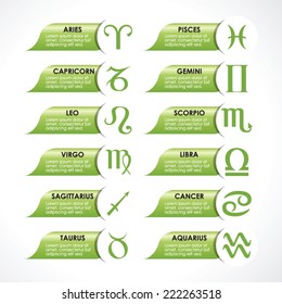 Horoscope signs, vector green template button illustration