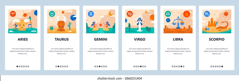 Horoscope signs vector set. Mobile app user interface with colorful icons. Zodiac symbols, aries, taurus, gemini, virgo, libra, scorpio. Astrology and horoscope calendar symbols