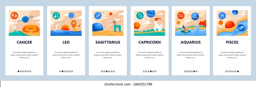 Horoscope signs vector set. Mobile app user interface with colorful icons. Zodiac symbols, cancer, capricorn, aquarius, pisces, sagittarius, leo. Astrology and horoscope calendar symbols