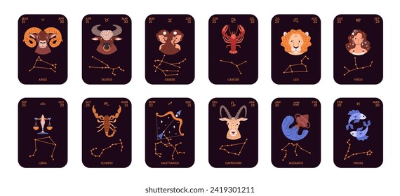 Horoscope signs vector set. Twelve astrological cards with constellations, dates, signs and symbols. Cartoon leo, libra, gemini, capricorn, sagittarius. Virgo, cancer, aquarius, pisces, aries