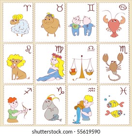 Horoscope. Signs of the zodiac. Cartoon characters. Vector