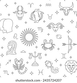 Horoscope Sky Line Seamless Pattern. Vector Illustration of Outline Zodiac Background. 