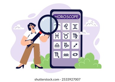 Horóscopo na aplicação de smartphone, com previsões para diferentes signos do zodíaco, perto da mulher de negócios. Horóscopo eletrônico com recomendações para pessoas interessadas em esoterismo e astrologia