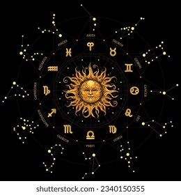 Horoscope with sun in the center. Zodiac symbols with star constellation. Esoteric design
