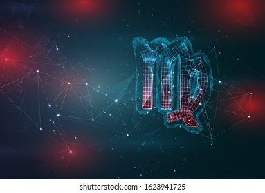 horoscope symbol virgo on an abstract gray blue background with red flashes