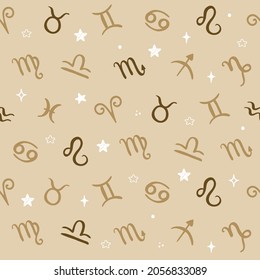 Horoscope symbols seamless pattern with hand drawn Zodiac Signs.