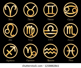 Horoscope Symbols, twelve sun signs of the Zodiac: Cancer, Leo, Libra, Virgo, Scorpio, Sagittarius, Capricorn, Aquarius, Pisces, Aries, Taurus, Gemini. Gold astrology circles isolated on black.