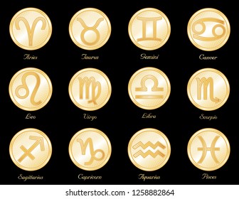 Horoscope Symbols, twelve sun signs of the Zodiac: Cancer, Leo, Libra, Virgo, Scorpio, Sagittarius, Capricorn, Aquarius, Pisces, Aries, Taurus, Gemini. Gold astrology mandalas isolated on black.