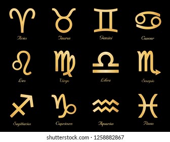 Horoscope Symbols, twelve sun signs of the Zodiac: Cancer, Leo, Libra, Virgo, Scorpio, Sagittarius, Capricorn, Aquarius, Pisces, Aries, Taurus, Gemini. Gold astrology silhouettes isolated on black.