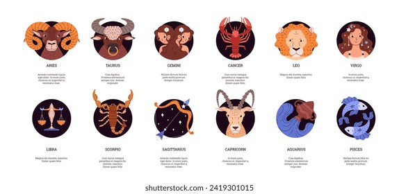 Horoscope symbols vector set. Twelve astrological signs with titles and text. Cartoon leo, libra, gemini, capricorn, sagittarius. Virgo, cancer, aquarius, pisces, aries zodiac icons in black circle