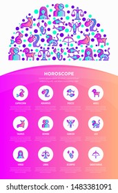 Horoscope template in half circle with thin line icons. of zodiac signs and copy space: capricorn, aquarius, aries, pisces, virgo, libra, scorpio, sagittarius, taurus, gemini, leo. Vector illustration