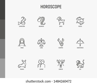 Horoscope thin line icons set. Zodiac signs: capricorn, aquarius, aries, pisces, virgo, libra, scorpio, sagittarius, taurus, gemini, leo. Modern vector illustration.