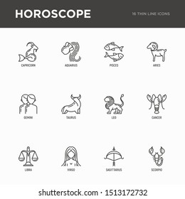 Horoscope thin line icons set. Zodiac signs: capricorn, aquarius, aries, pisces, virgo, libra, scorpio, sagittarius, taurus, gemini, leo. Modern vector illustration.