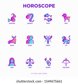 Horoscope thin line icons set. Zodiac signs: capricorn, aquarius, aries, pisces, virgo, libra, scorpio, sagittarius, taurus, gemini, leo. Modern vector illustration.