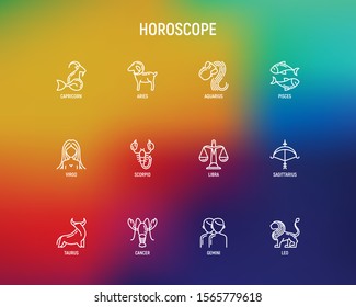 Horoscope thin line icons set. Zodiac signs: capricorn, aquarius, aries, pisces, virgo, libra, scorpio, sagittarius, taurus, gemini, leo. Modern vector illustration.