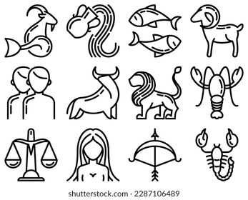 Horoscope thin line icons set. Zodiac signs: capricorn, aquarius, aries, pisces, virgo, libra, scorpio, sagittarius, taurus, gemini, leo. Modern vector illustration.